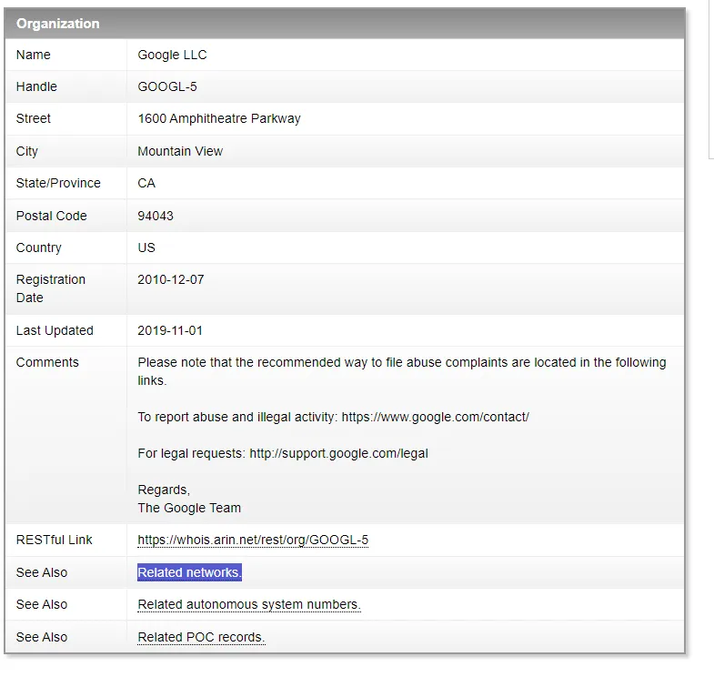 ARIN Search Example Org